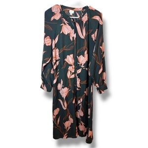 A New Day Size L Green Whit Orange Floral Long Sleeve Button Down Midi Dress